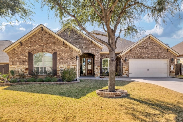 view of front of house featuring a garage and a front lawn