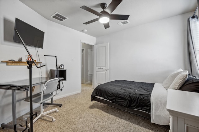 bedroom with ceiling fan and carpet floors