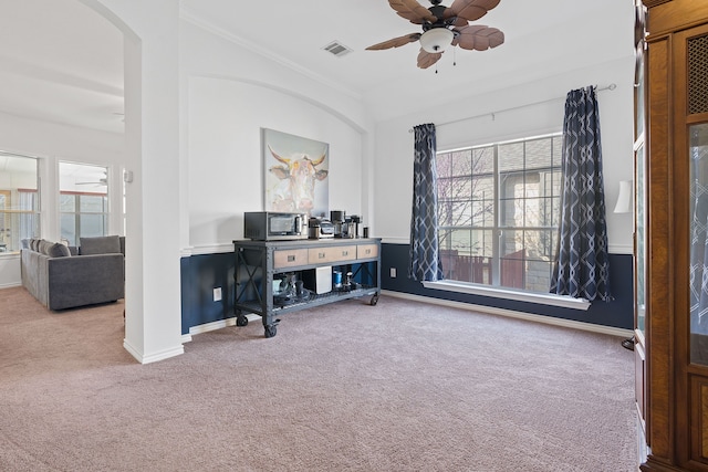 misc room with ceiling fan, crown molding, and carpet flooring