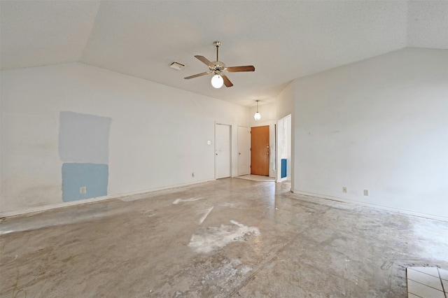 unfurnished room featuring ceiling fan, a textured ceiling, and vaulted ceiling