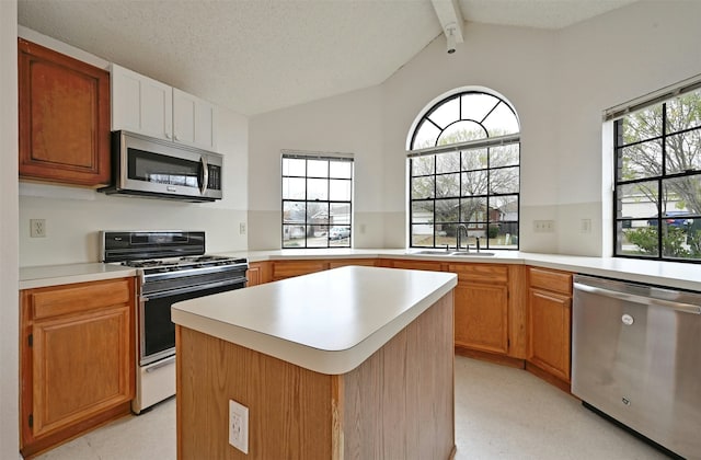 kitchen with sink, a center island, stainless steel appliances, and a healthy amount of sunlight