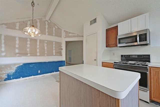 kitchen featuring a notable chandelier, gas range, vaulted ceiling with beams, pendant lighting, and white cabinets