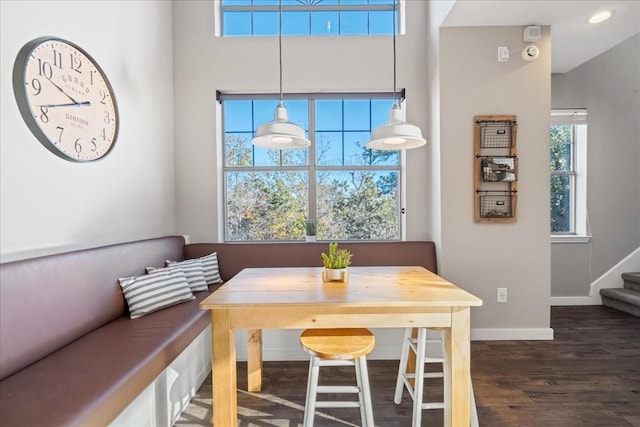 dining room with a healthy amount of sunlight, dark wood-type flooring, and breakfast area