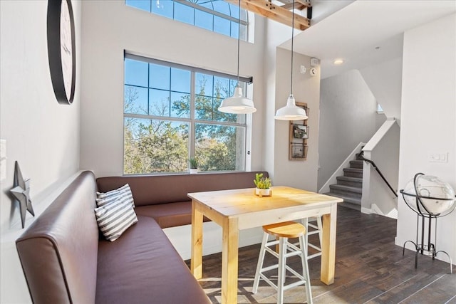 dining area featuring dark hardwood / wood-style floors, a wealth of natural light, and a high ceiling