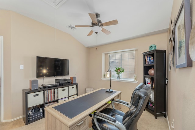 office area with ceiling fan, lofted ceiling, and light carpet