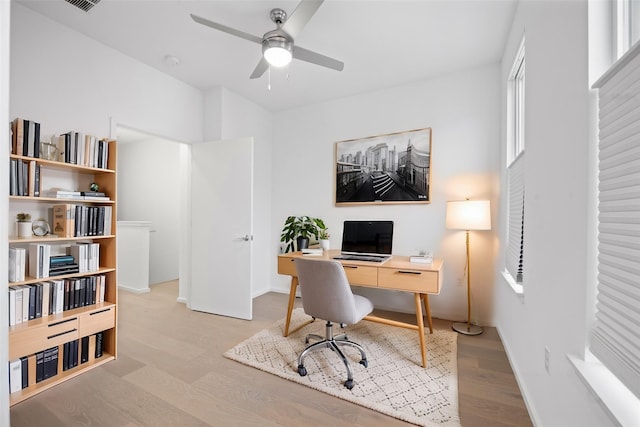 office featuring ceiling fan and light hardwood / wood-style flooring