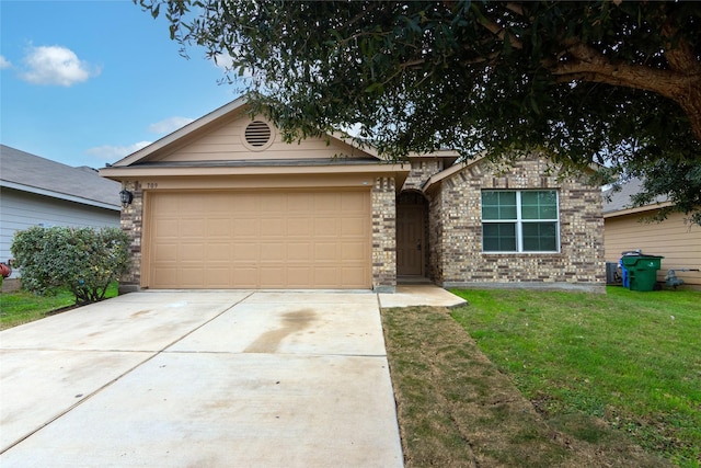 ranch-style house featuring a front lawn and a garage