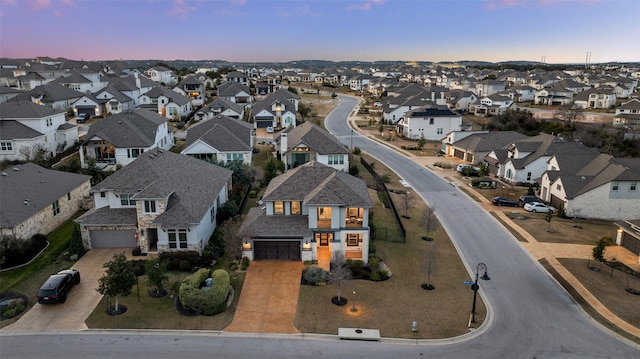 view of aerial view at dusk