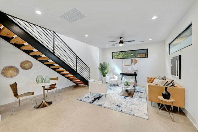 living room with ceiling fan