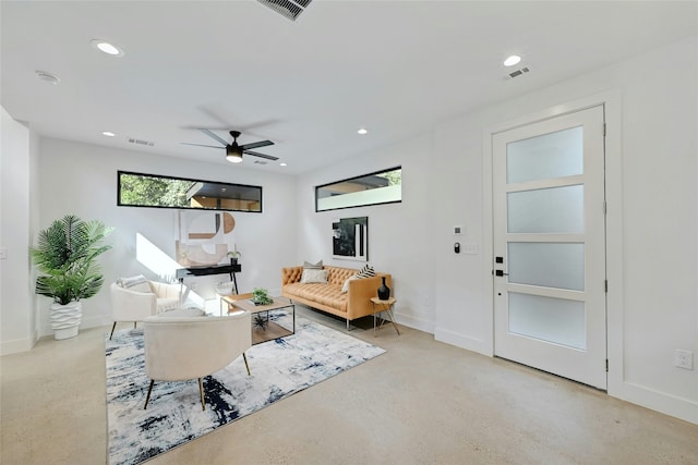 living room with ceiling fan