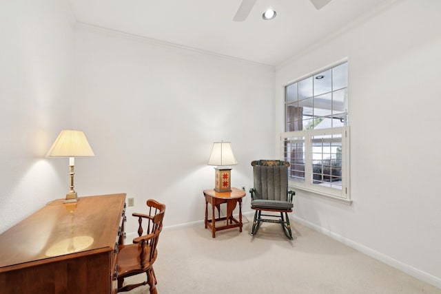 living area featuring crown molding and carpet floors