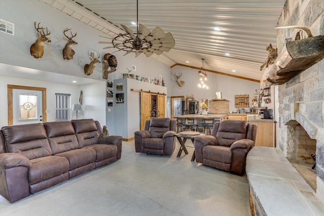 living room with ceiling fan, wooden ceiling, high vaulted ceiling, and a barn door