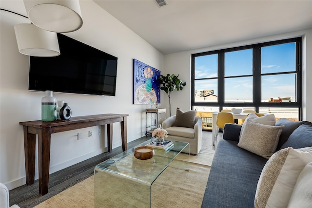 living room with dark hardwood / wood-style flooring