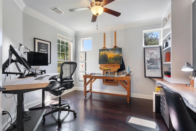 home office with ornamental molding, ceiling fan, wood finished floors, and baseboards