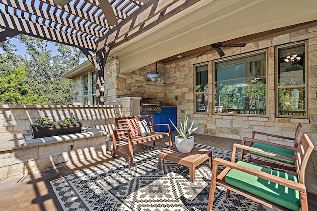 view of patio / terrace featuring a pergola, area for grilling, an outdoor living space, and ceiling fan