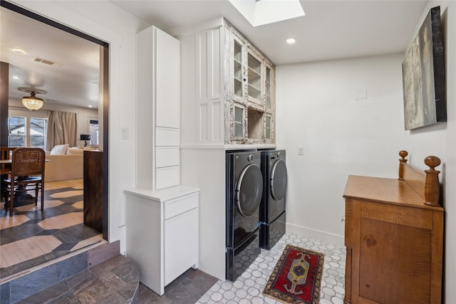 washroom featuring a skylight and washing machine and clothes dryer