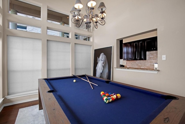 2918 Ranch Road 620 N Unit L-177, Austin, TX 78734 - recreation room with billiards, a chandelier, dark wood-type flooring, and a high ceiling