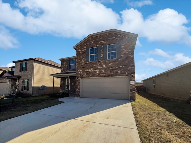 view of front property featuring a front lawn, a garage, and cooling unit