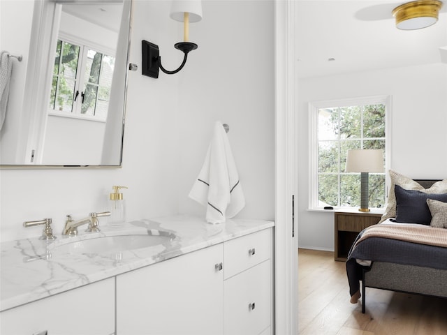 bedroom with sink, multiple windows, and light hardwood / wood-style flooring