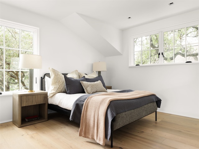 bedroom featuring light hardwood / wood-style floors and multiple windows