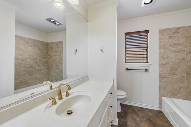 bathroom featuring ornamental molding, vanity, and toilet