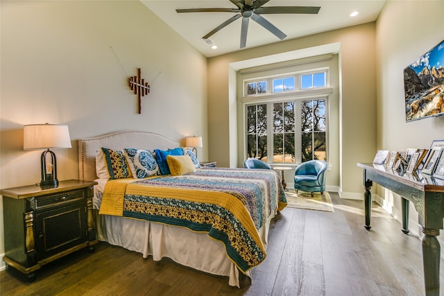 bedroom with ceiling fan and hardwood / wood-style floors