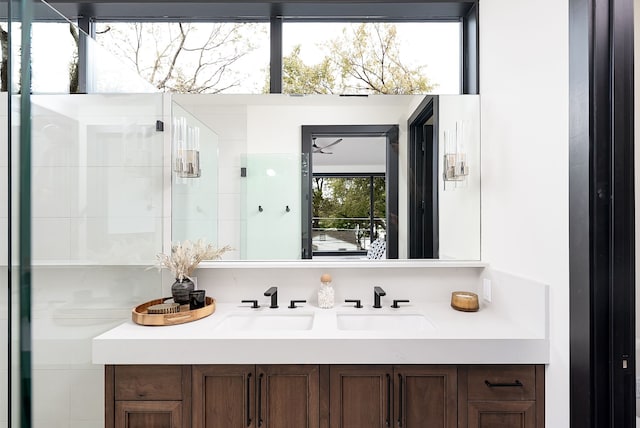 bathroom with walk in shower, a healthy amount of sunlight, and vanity