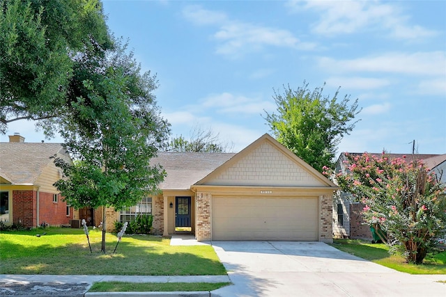 view of front of property featuring a garage, a front yard, and cooling unit