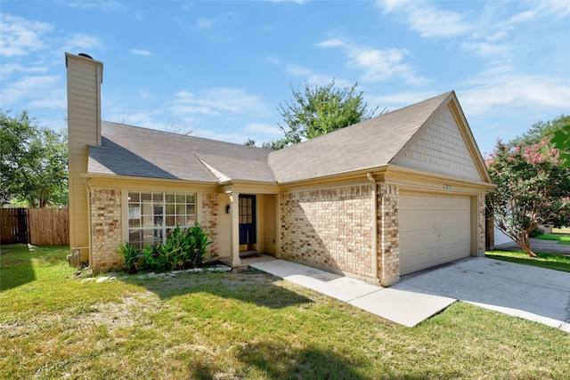 ranch-style house featuring a front yard and a garage