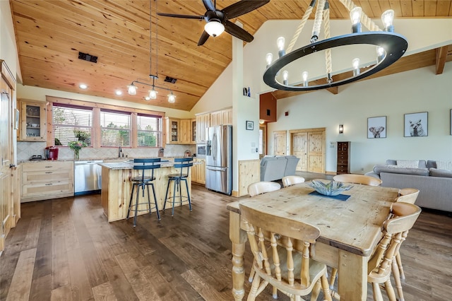 dining area with wooden ceiling, ceiling fan, dark wood-type flooring, high vaulted ceiling, and beamed ceiling