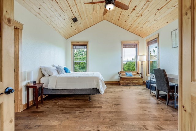 bedroom featuring ceiling fan, wood-type flooring, wood ceiling, and vaulted ceiling