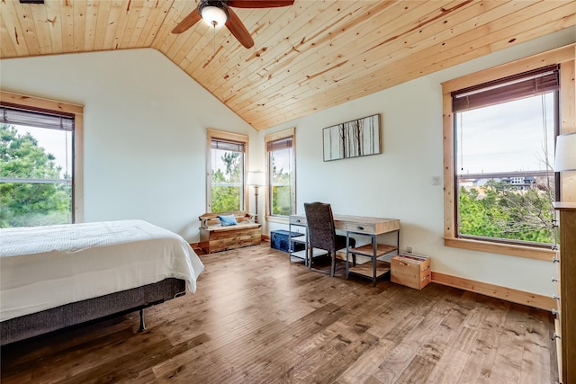 bedroom featuring wooden ceiling, multiple windows, wood-type flooring, and ceiling fan