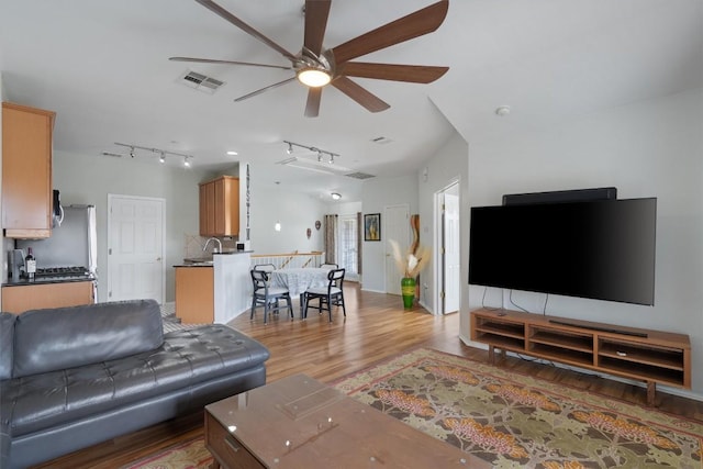 living area featuring ceiling fan, rail lighting, and light wood-style floors