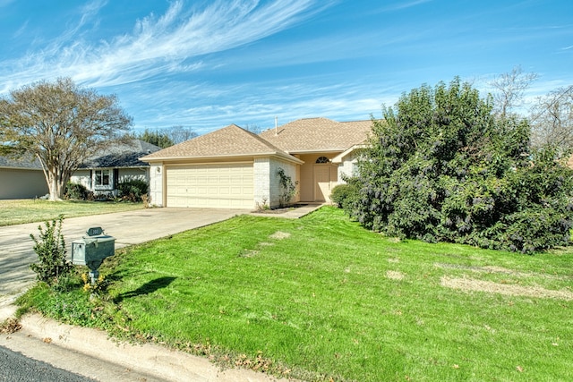 ranch-style house with a front lawn and a garage