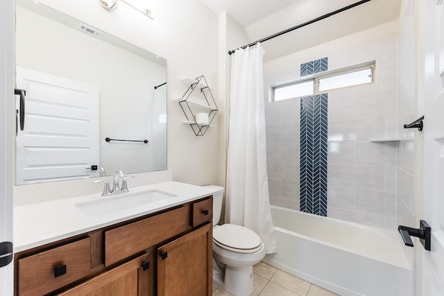 full bathroom with toilet, shower / bathtub combination with curtain, tile patterned floors, and vanity