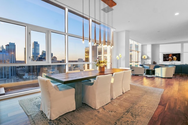 dining area featuring expansive windows, a healthy amount of sunlight, and hardwood / wood-style floors