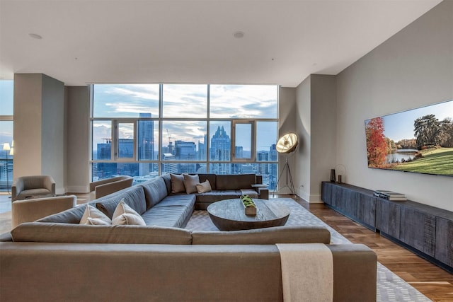 living room featuring floor to ceiling windows and hardwood / wood-style flooring