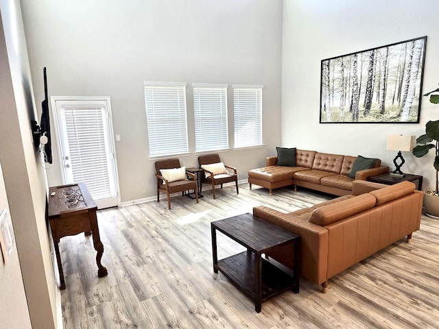 living room featuring a healthy amount of sunlight, light wood-type flooring, and a high ceiling