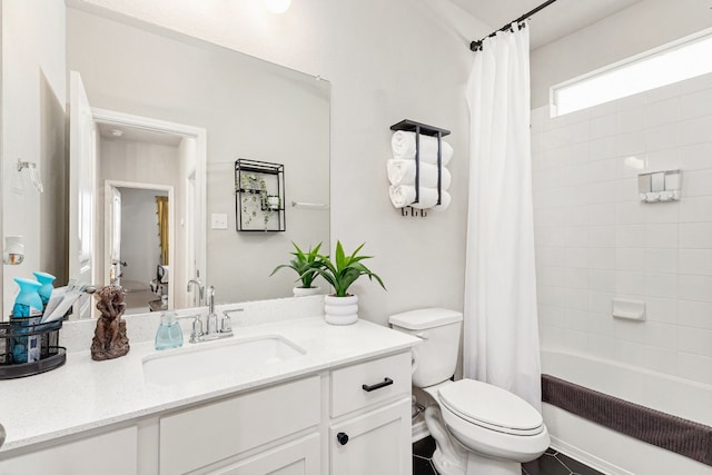 full bathroom with vanity, shower / bath combination with curtain, and toilet