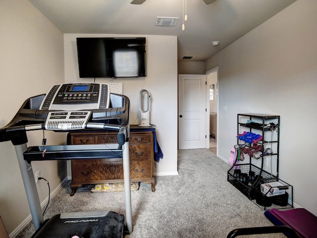 miscellaneous room featuring ceiling fan and carpet flooring