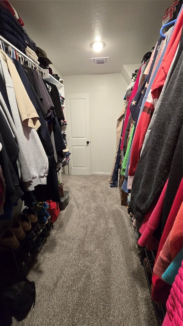 walk in closet featuring carpet flooring