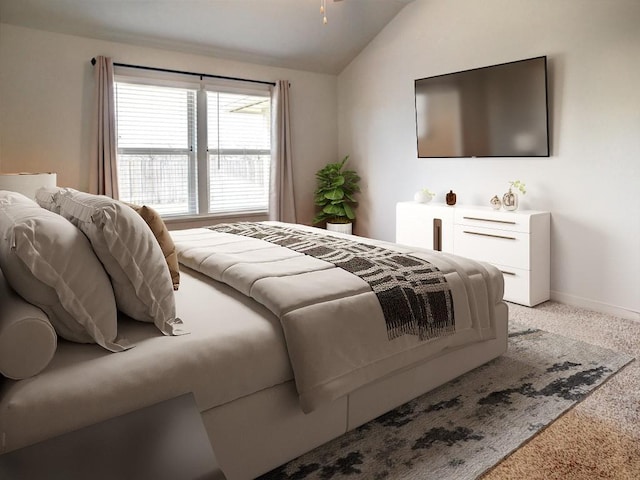 116 Shagbark Trl, Bastrop, TX 78602 - bedroom with light carpet, lofted ceiling, and baseboards