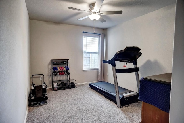 116 Shagbark Dr, Bastrop, TX 78602 - workout area featuring a ceiling fan, carpet floors, and baseboards
