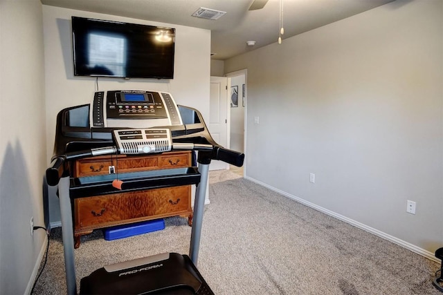 116 Shagbark Dr, Bastrop, TX 78602 - exercise area with carpet floors, baseboards, and ceiling fan