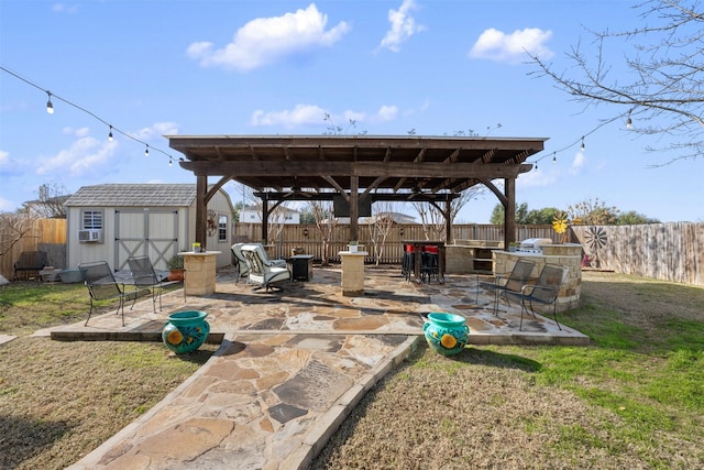 view of patio featuring cooling unit and a storage unit