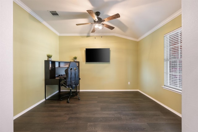 home office featuring ceiling fan, dark hardwood / wood-style flooring, crown molding, and vaulted ceiling