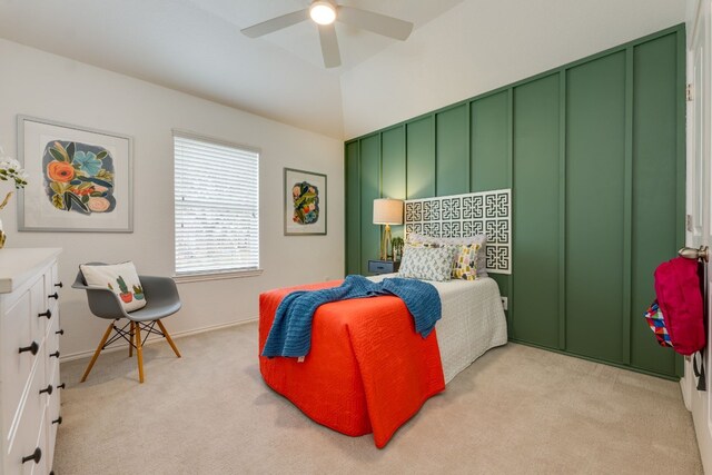 bedroom featuring ceiling fan and light colored carpet