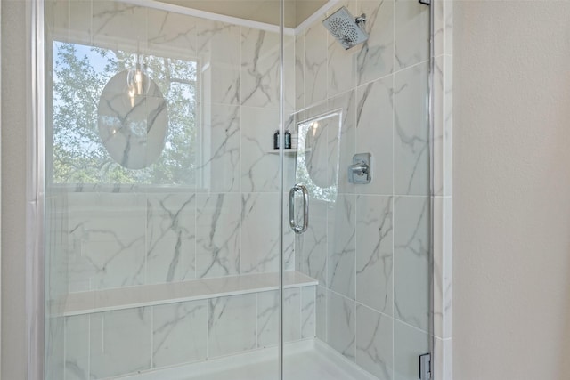 bathroom with a shower with shower door