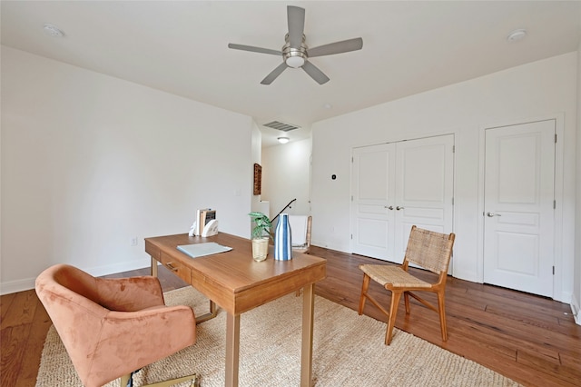 office area featuring ceiling fan and hardwood / wood-style floors