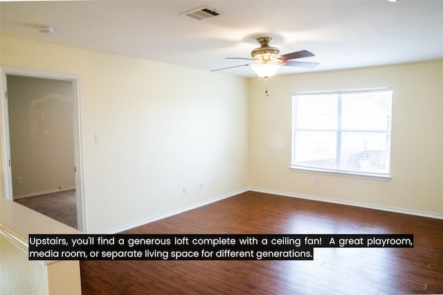 empty room with ceiling fan and dark hardwood / wood-style floors